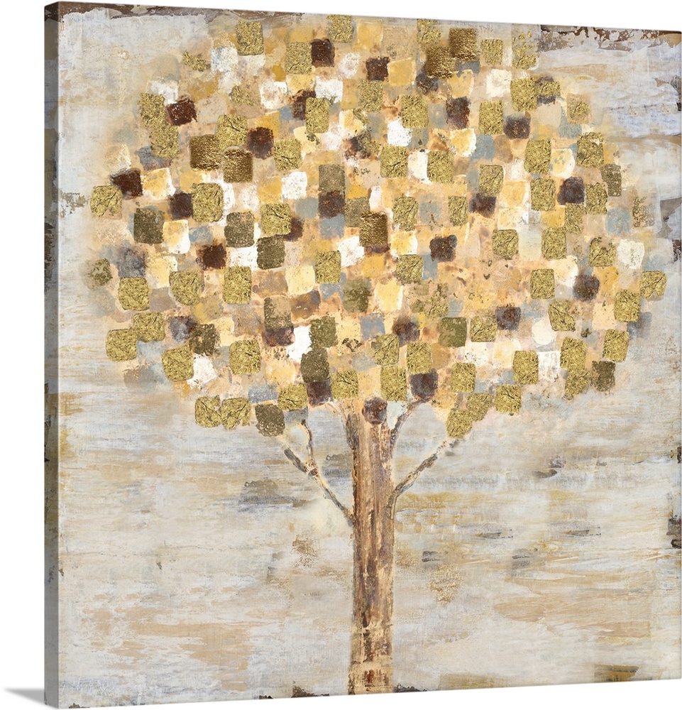 Contemporary painting of a stylized tree with gold and white leaves on a weathered background.