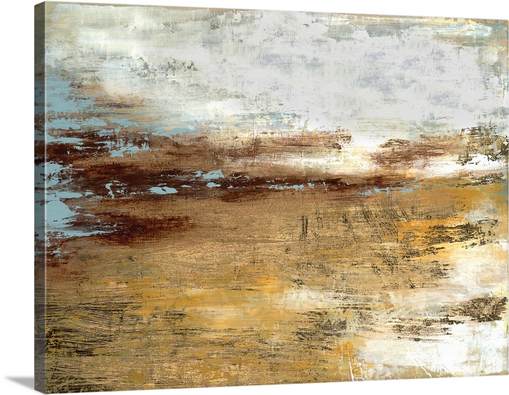 Abstract contemporary painting in gold and grey, resembling a landscape at sunset.