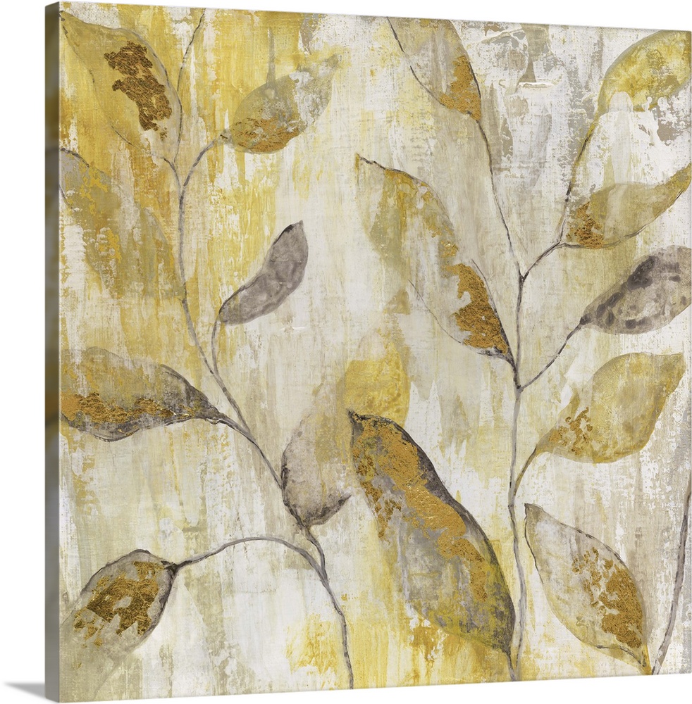 Semi-abstract contemporary art print of golden leaves.