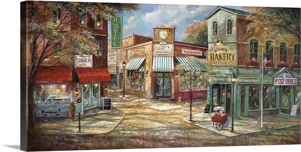 Large contemporary painting of storefronts in an American town.