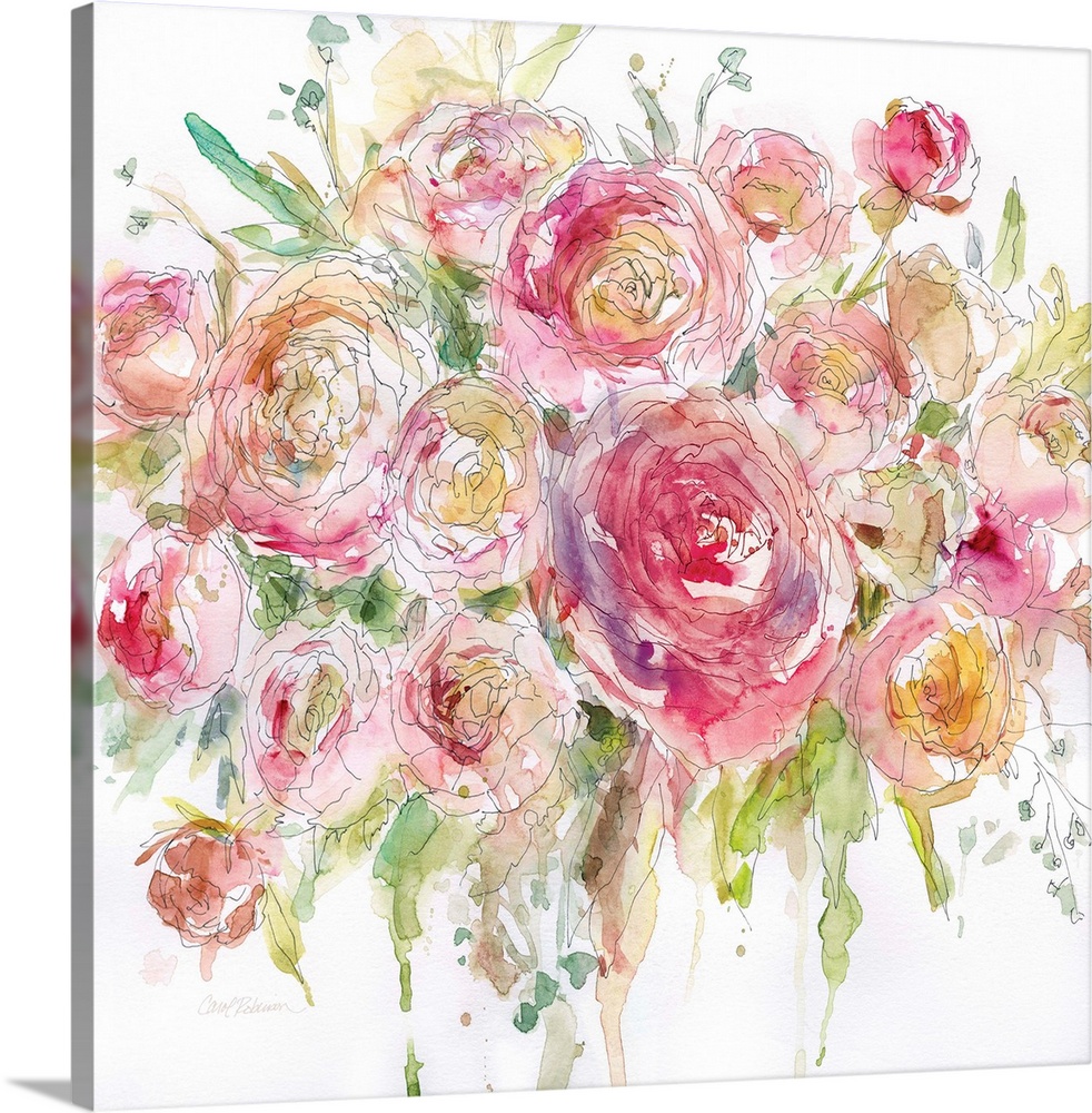 Square watercolor painting of an arranged bouquet of roses.