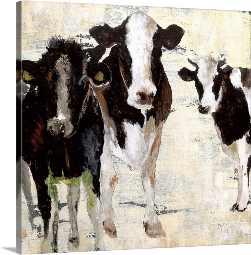 A contemporary painting of three cows standing together using all natural colors with hints of green and red.