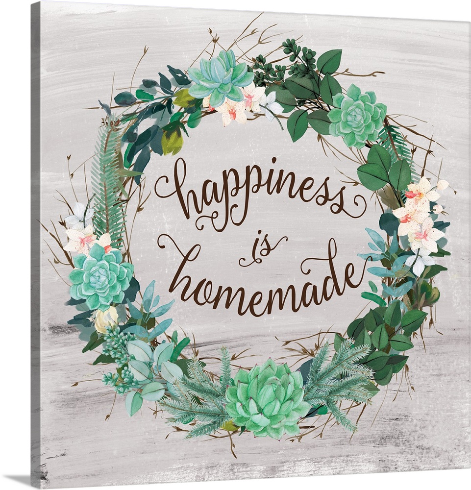 A wreath of succulents, various flowers and foliage surround the words, "Happiness is Homemade".