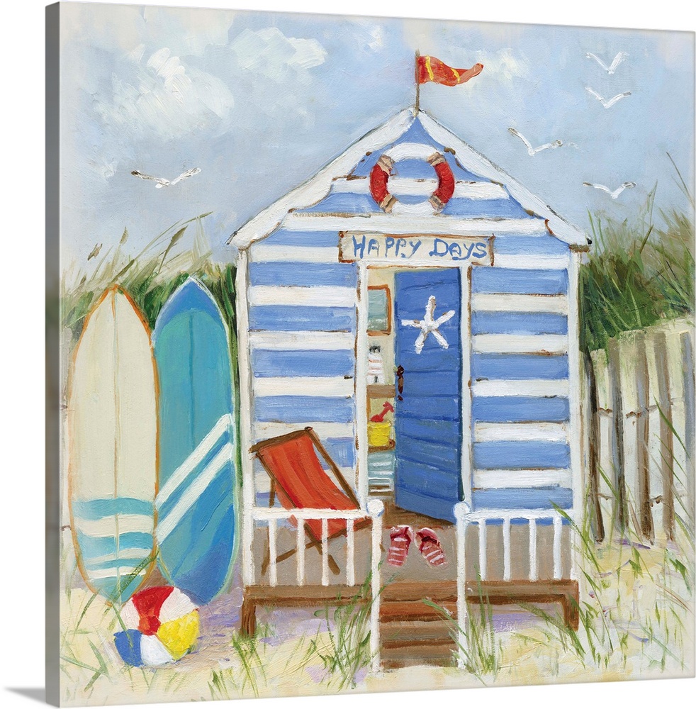 Square painting of a blue and white striped beach hut with surf boards, a beach ball, and sandals outside.