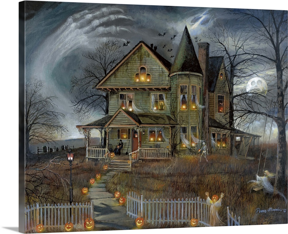 Contemporary Halloween themed artwork of a haunted house with ghostly arms surrounding the house.