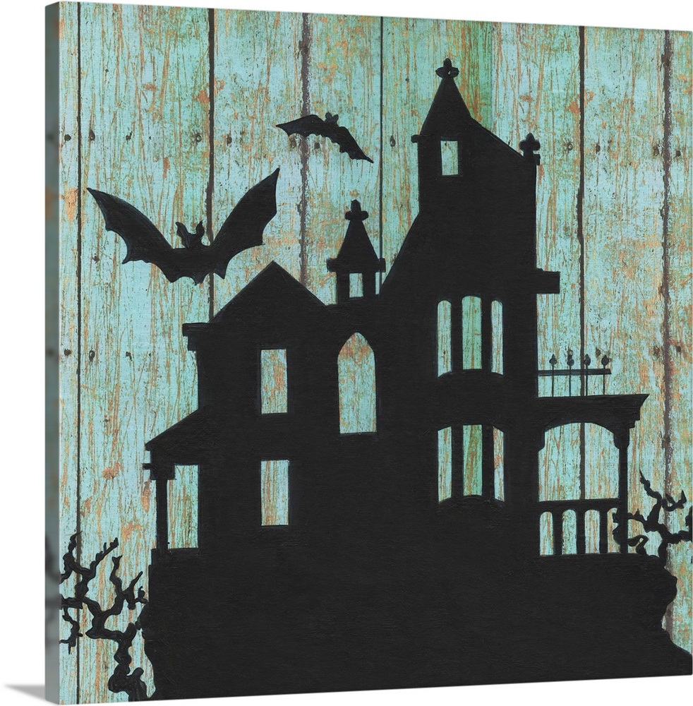 A decorative Halloween painting of a haunted house with two bats flying around it on an aged, blue wooden background.
