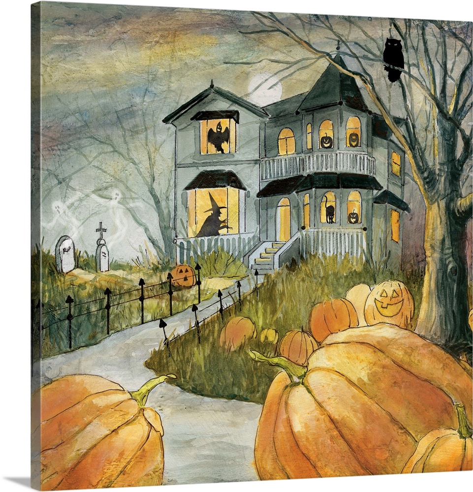 A spooky haunted house with figures in the windows surrounded by pumpkins.