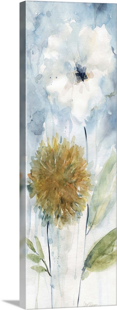 Vertical painting of a white and a golden flower.