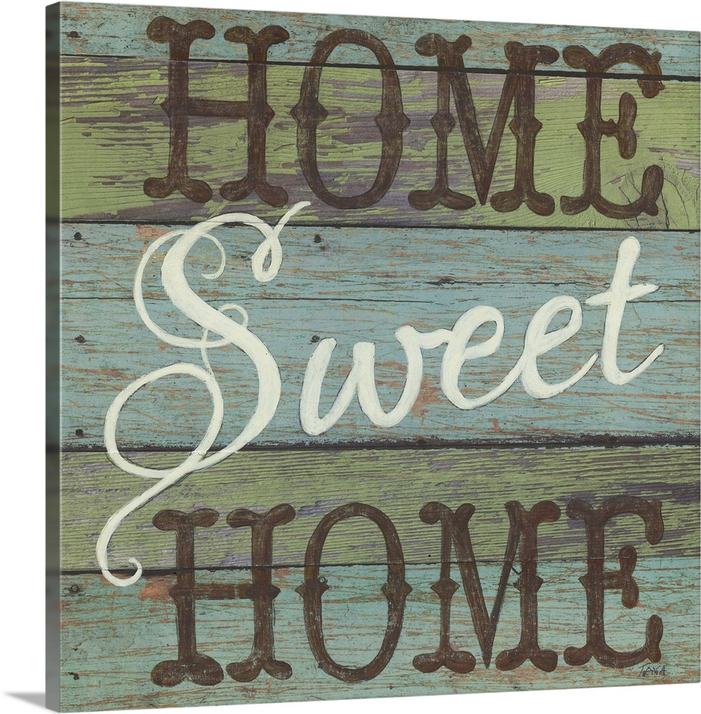 A decorative square painting that says ?Home Sweet Home? on a blue and green striped wooden background.