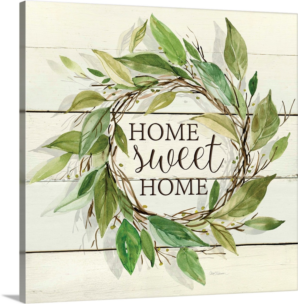 A wreath of various watercolor leaves surround the words, "Home, sweet home" on shiplap.
