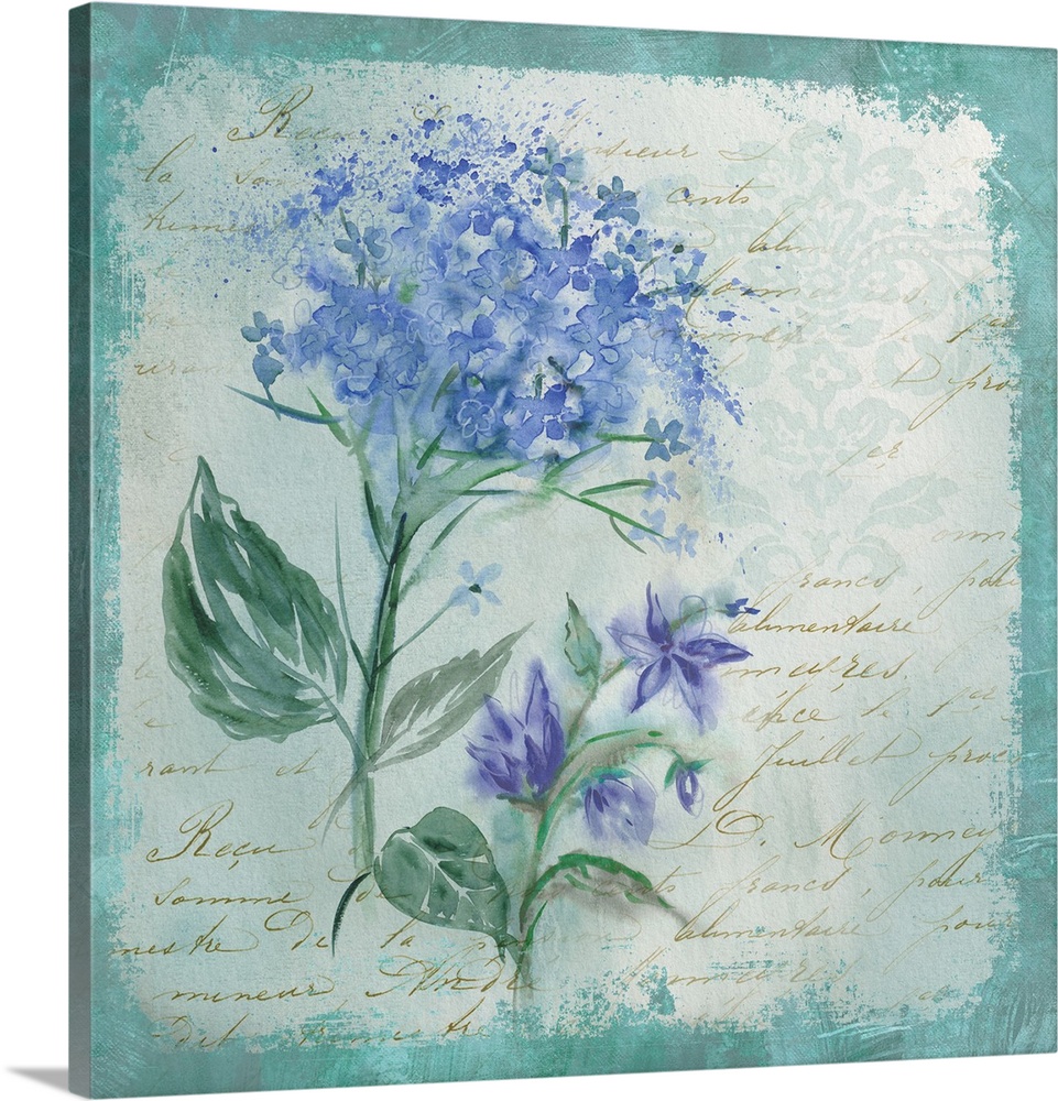 Square decor in cool tones with abstract hydrangeas on a blue bordered background with gold script.