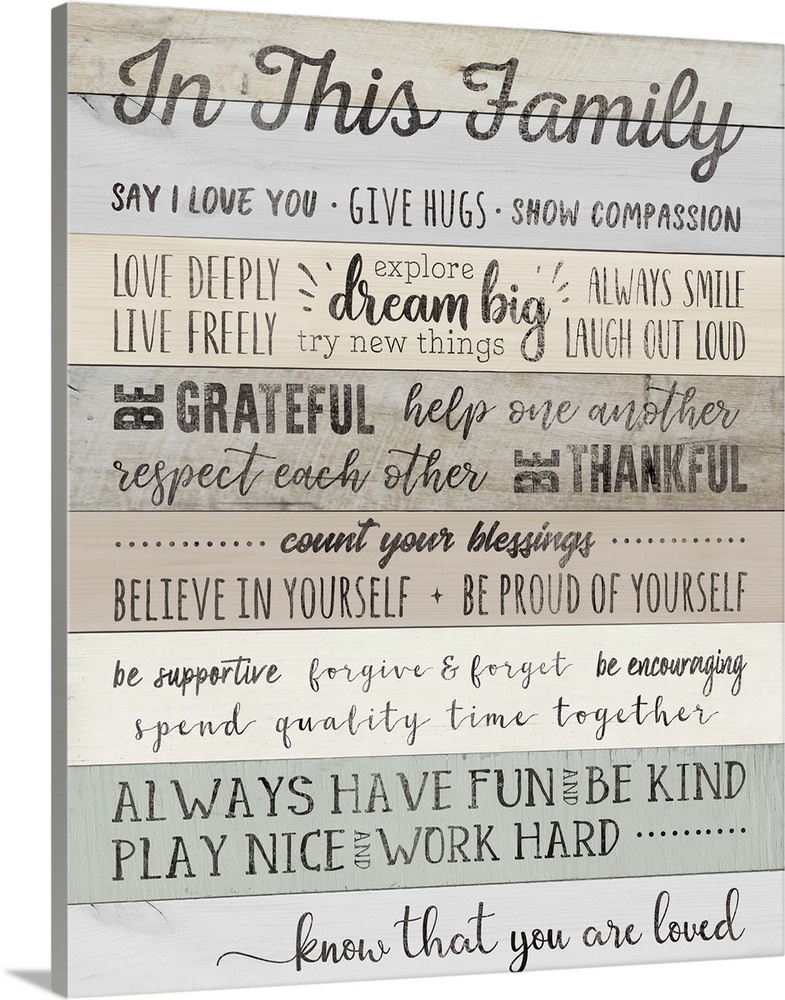 A decorative design of a family theme in positive inspirations on a neutral wood backdrop.