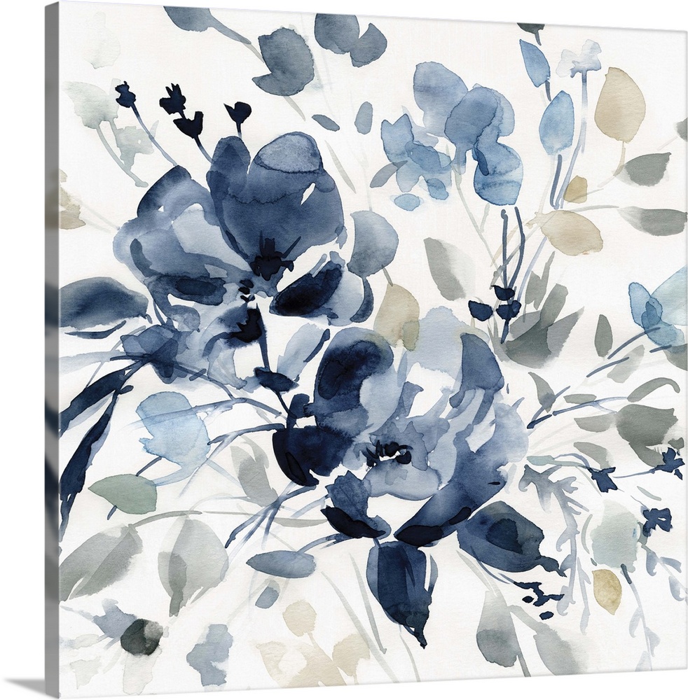 Square watercolor painting of flowers with indigo, gray, and tan hues.