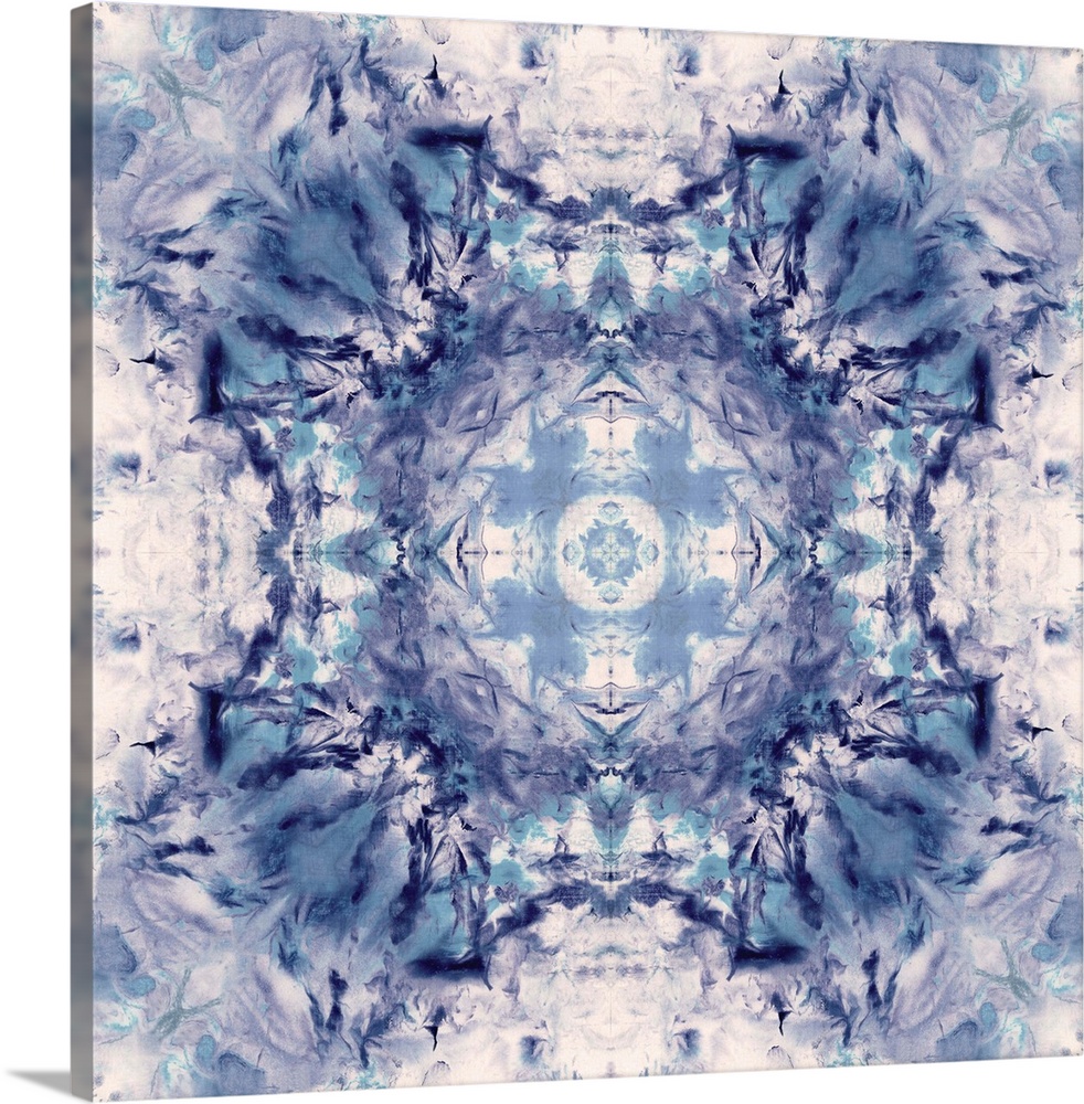 Square abstract art in shades of blue and white hues with kaleidoscope-like patterns and designs.