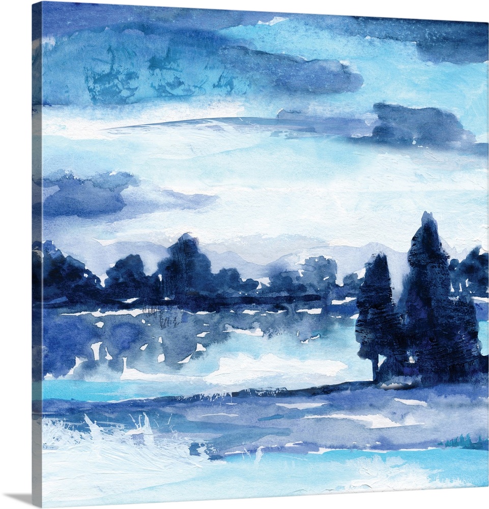 Square watercolor landscape painting made with shades of blue.