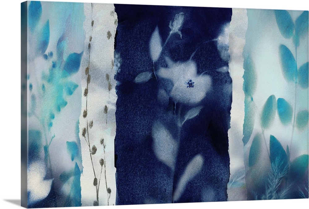 Large abstract painting of flowers and plants in shades of blue.