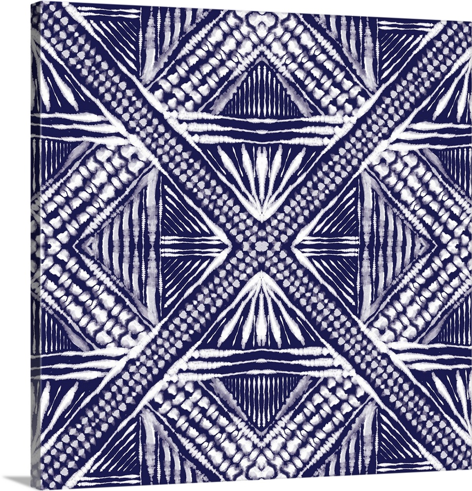 Square abstract art in indigo and white hues with kaleidoscope-like patterns and designs.