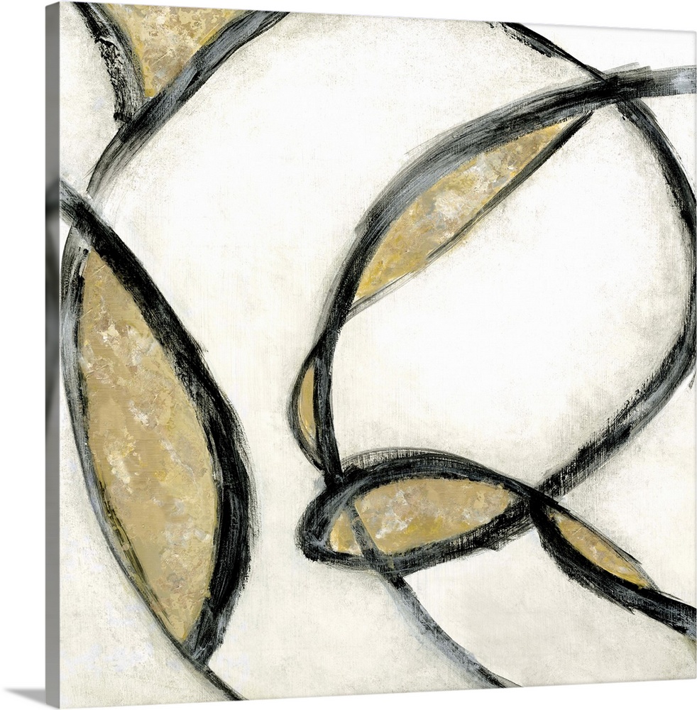 Abstract contemporary painting in swirling black strokes with gold and beige.