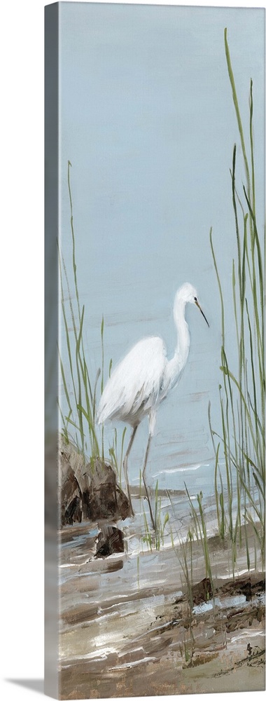 Tall panel painting of an egret on a rocky shore with tall beach grass.