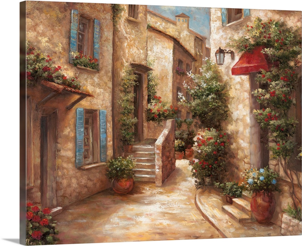 Horizontal, large home art docor of a narrow street running through a stone Italian village, the windows and doorways on e...