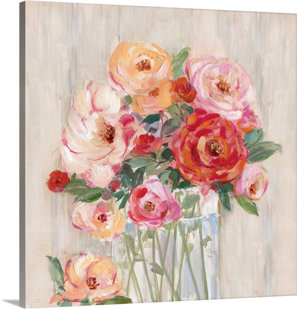 Square painting of pink, orange, and red flowers neatly arranged in a glass vase on a neutral colored background.