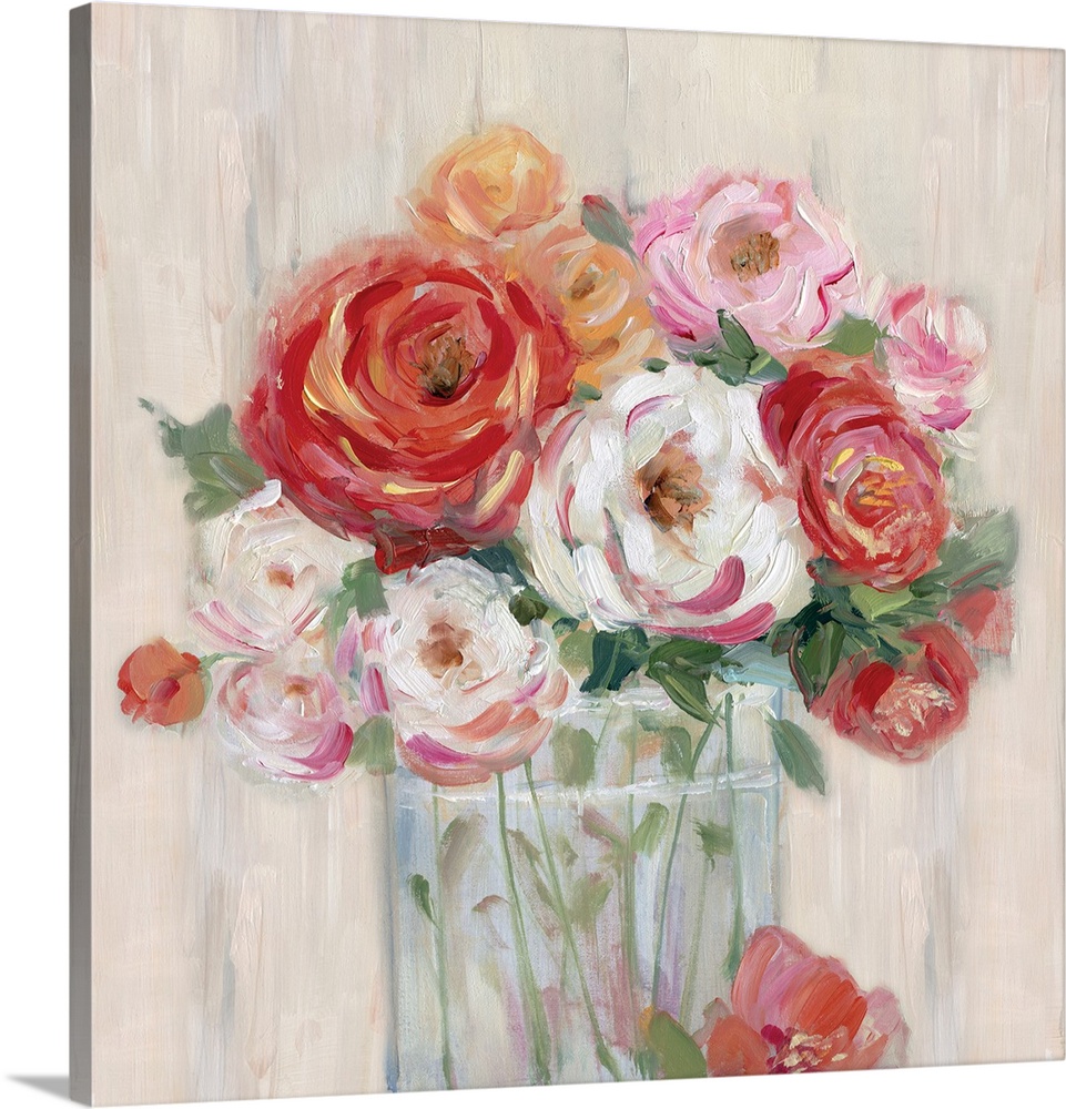 Square painting of pink, orange, white, and red flowers neatly arranged in a glass vase on a neutral colored background.