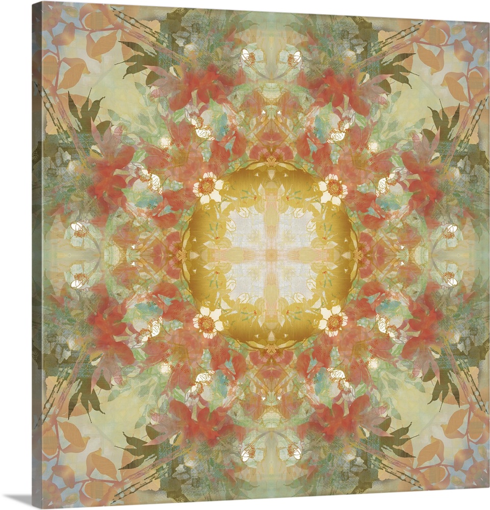 Large square painting with a floral abstract design resembling a view through a kaleidoscope.