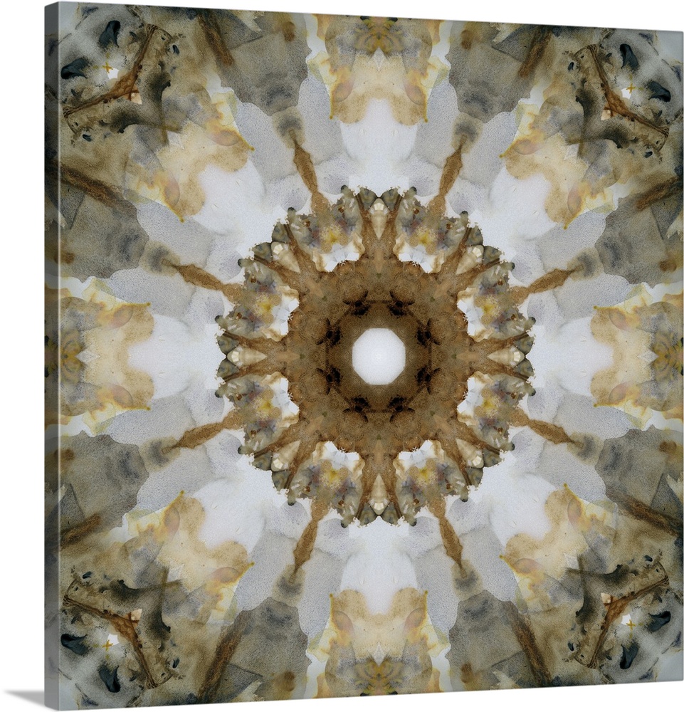 Gold, gray, black, and white abstract decor resembling a view through a kaleidoscope