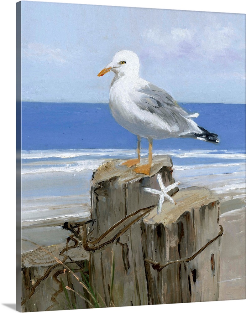 Contemporary painting of a seagull perched on a wooden post with a starfish and the ocean in the background.