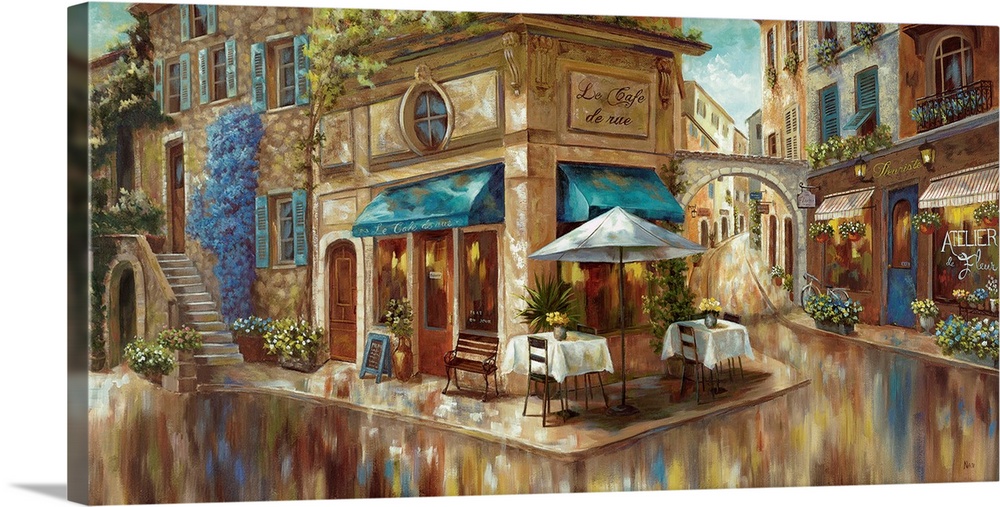 Contemporary painting of a cafe on a cute French street corner.