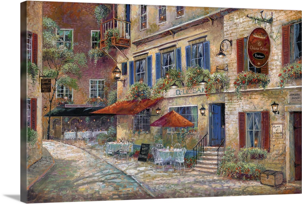 Contemporary art print of the facade of street cafes in rural France.