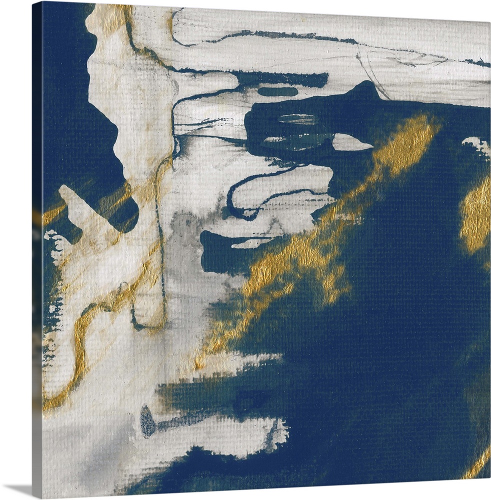 Modern abstract artwork with shades of deep blue accented with gold.