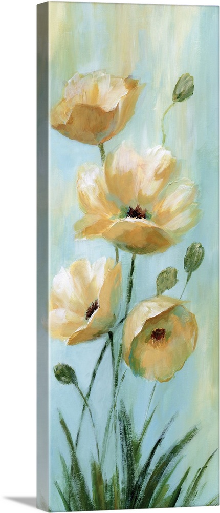Vertical painting of blooming yellow flowers against pale blue.
