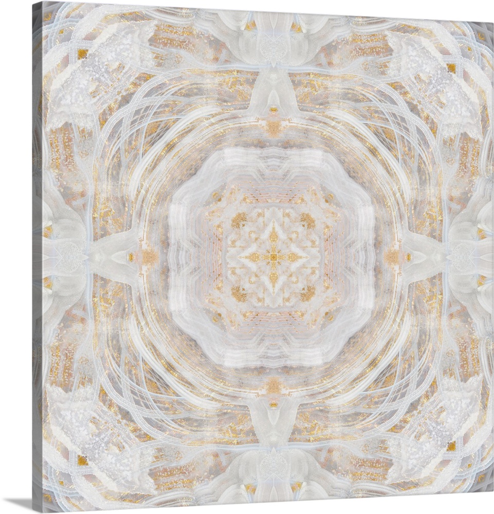 Silver, cream, and gold abstract decor resembling a view through a kaleidoscope.