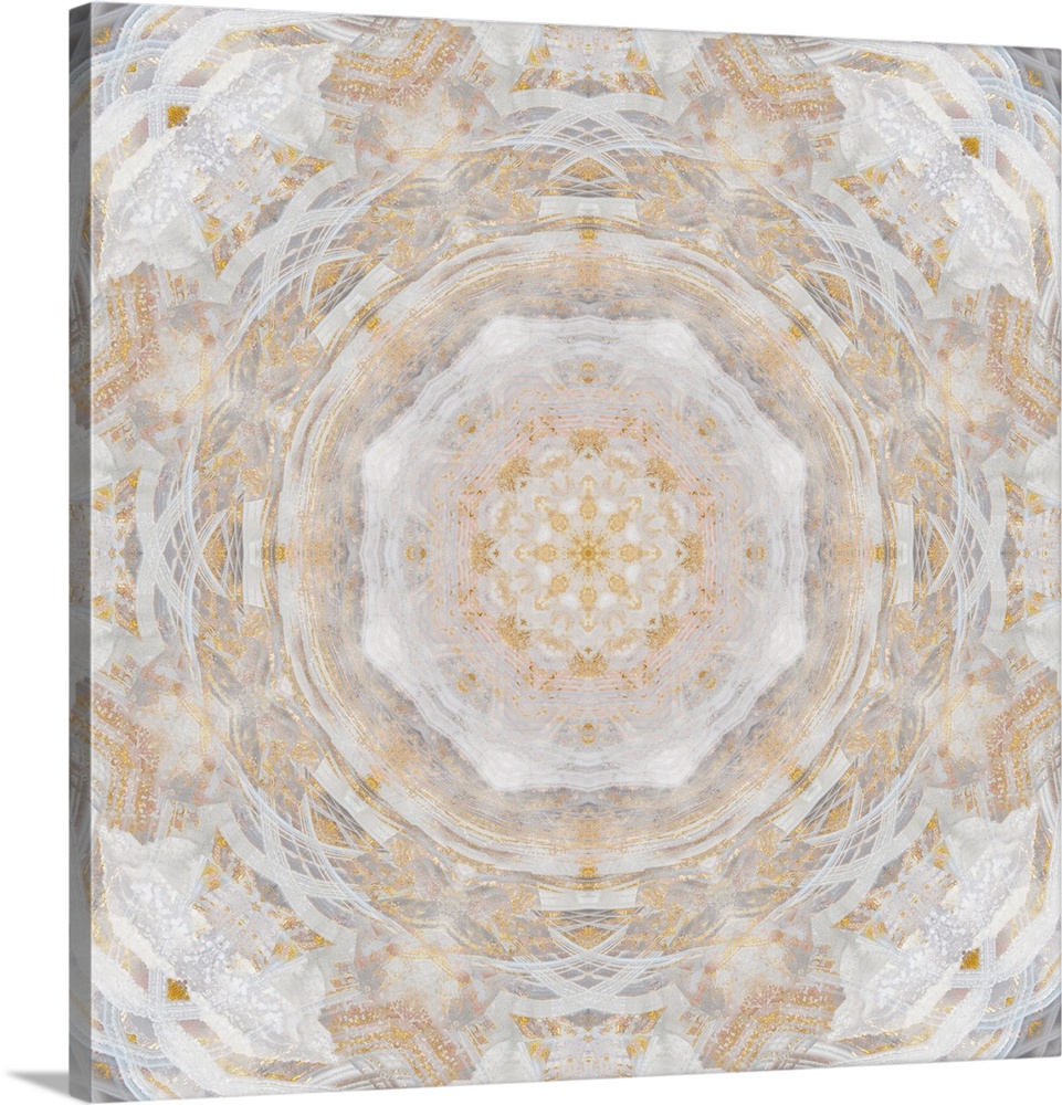 Silver, cream, and gold abstract decor resembling a view through a kaleidoscope.
