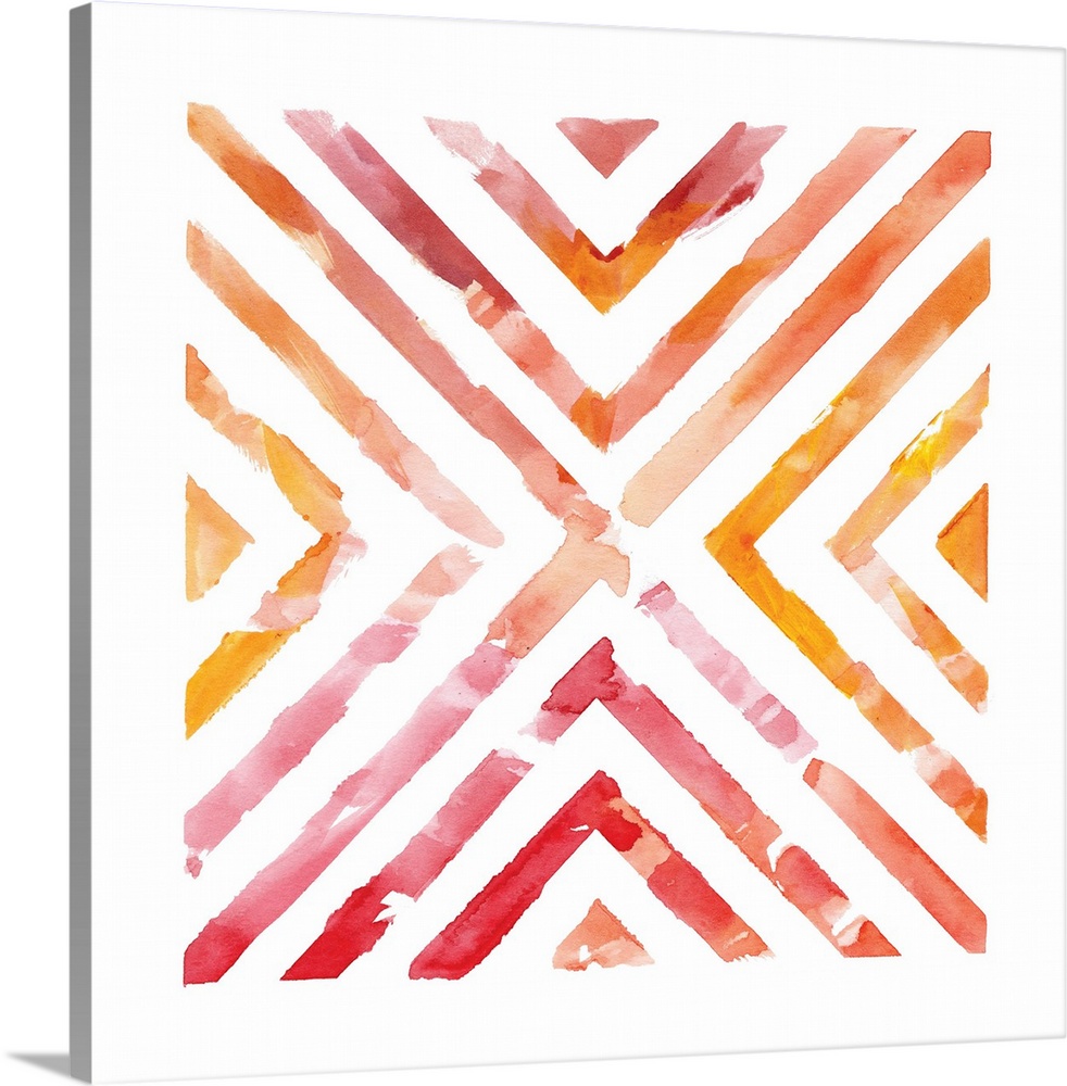 A symmetric watercolor painting of a geometric lined design with warm colors representing a view through a kaleidoscope.