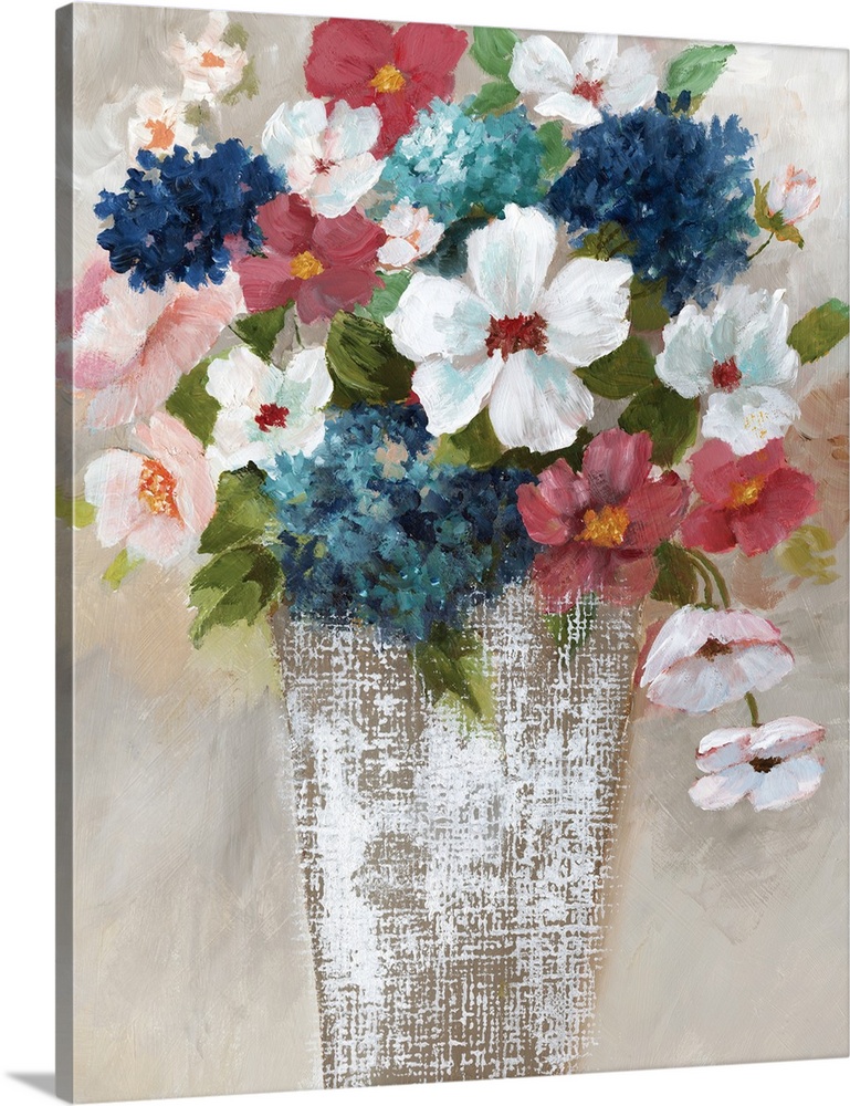 Contemporary painting of a white linen textured vase filled with flowers of red, white and blue.