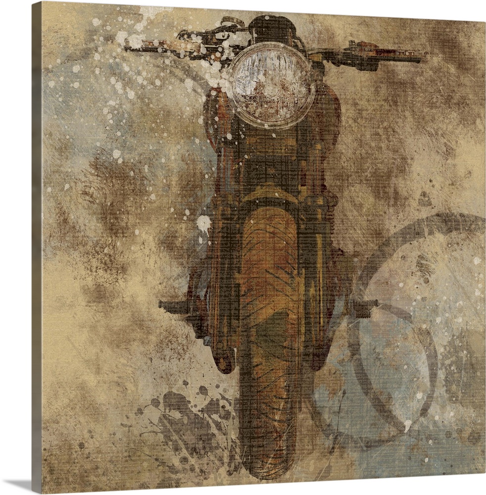 Contemporary artwork of a motorcycle with an overall grungy and distressed look to it.