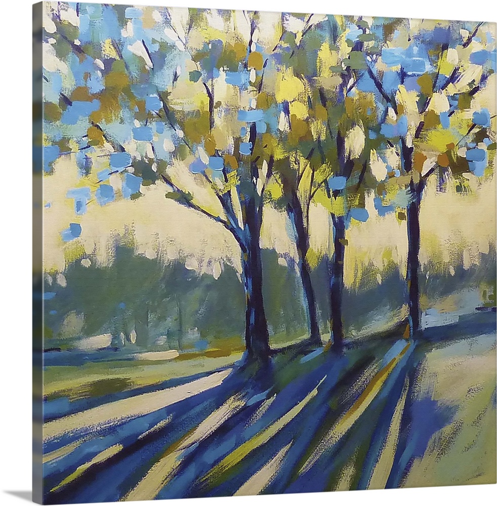 Contemporary home decor artwork of a a grove of trees bathed in sunlight and casting shadows in the foreground of the image.