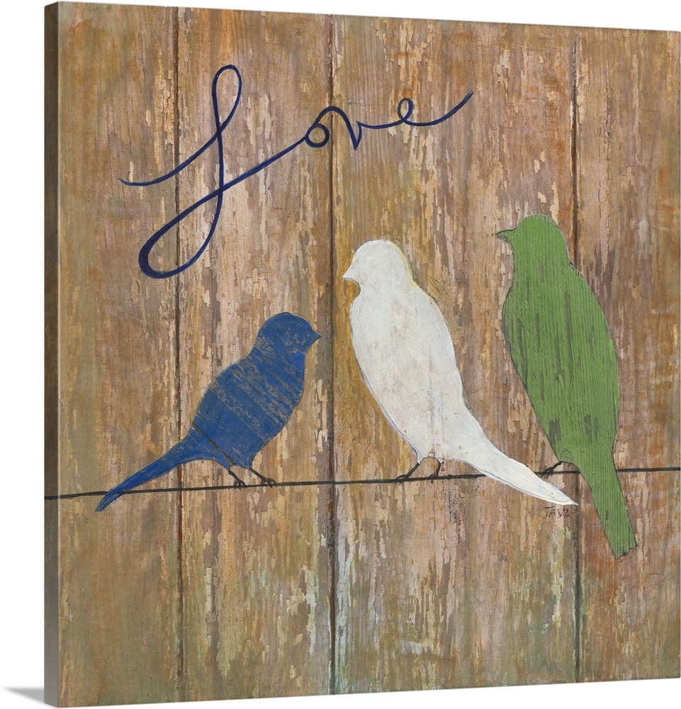 A painting of three birds sitting on a line with the word ?Love? painted at the top on a wooden background.�