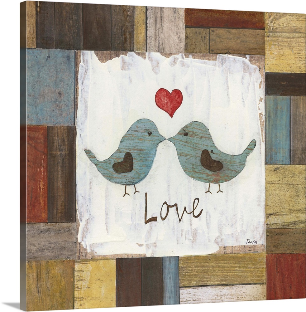 A decorative painting that has the word ?Love? and two blue birds kissing, painted on a multi-colored wood patterned backg...