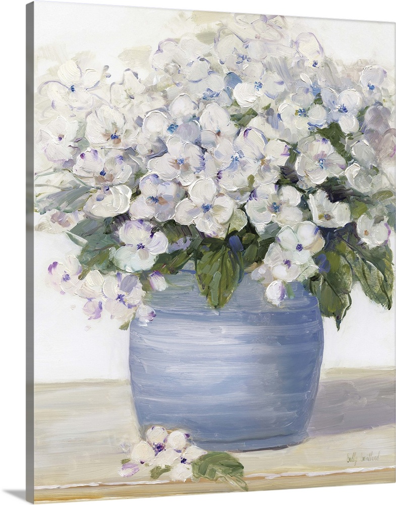 Large still life painting of arranged hydrangeas on a table.
