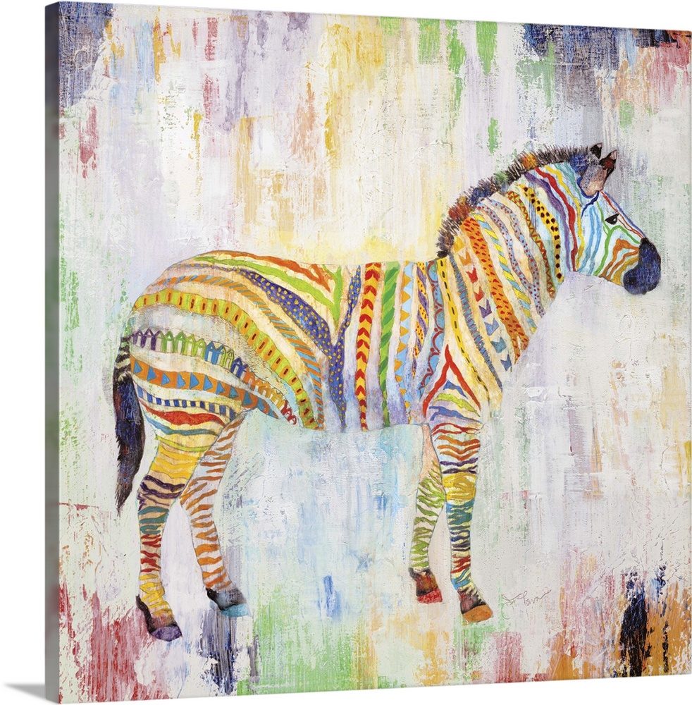 A painting of a zebra with multi-colored and uniquely designed stripes.