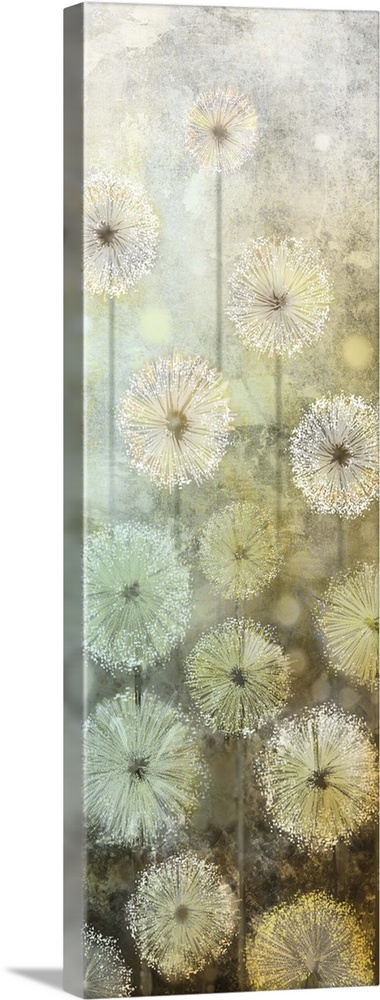 Tall panel art with abstract dandelions made with blue, green, yellow and white hues.