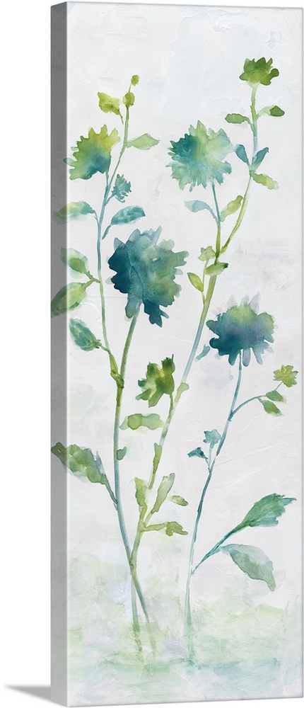 Large watercolor abstract painting of flowers in shades of blue and green.