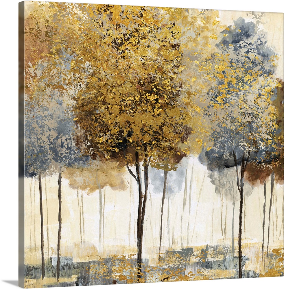 Square decor with metallic gold and silver trees in an abstract forest.