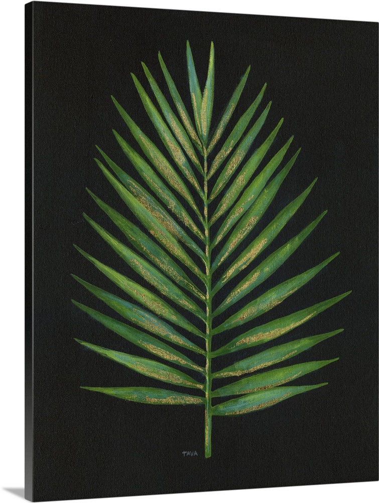 Contemporary painting of a palm frond made with green and blue tones with metallic gold highlights, on a solid black backg...