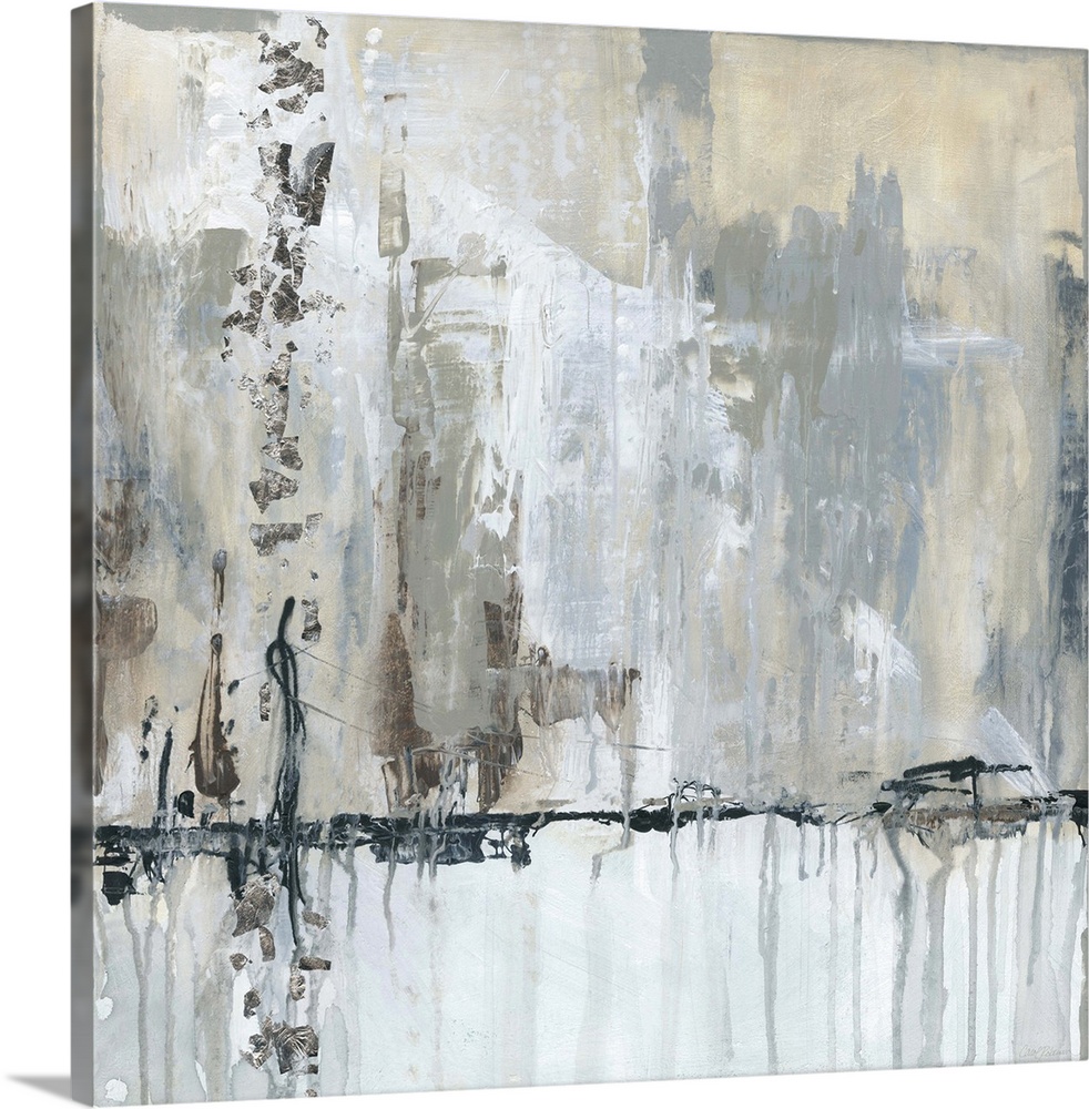Contemporary abstract artwork in grey and black, with a grungy, weathered feel.