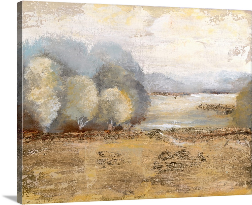 Contemporary landscape painting of a golden field with soft trees at the edge and a pale yellow sky.