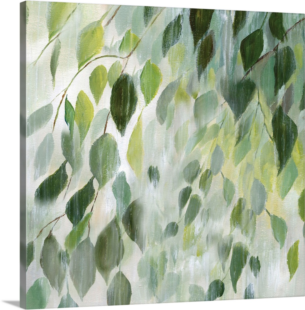 Square painting of leaves in shades of green with a white misty overlay on a white background.